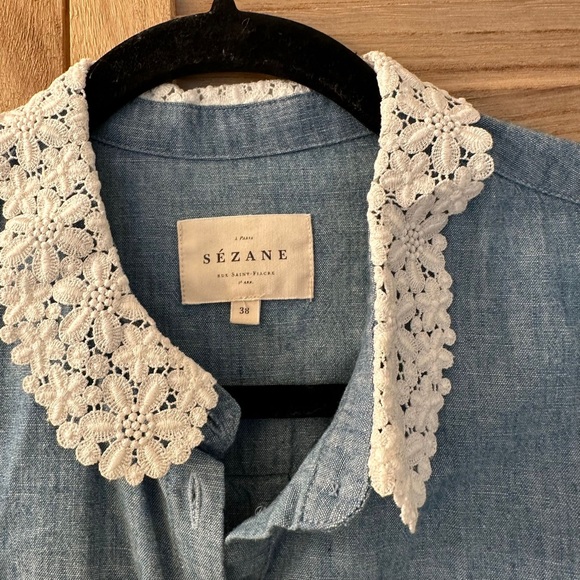 Sezane  Alex Lace Collar Linen Cotton Midi Shirt Dress  Size 38/6 - Picture 7 of 10